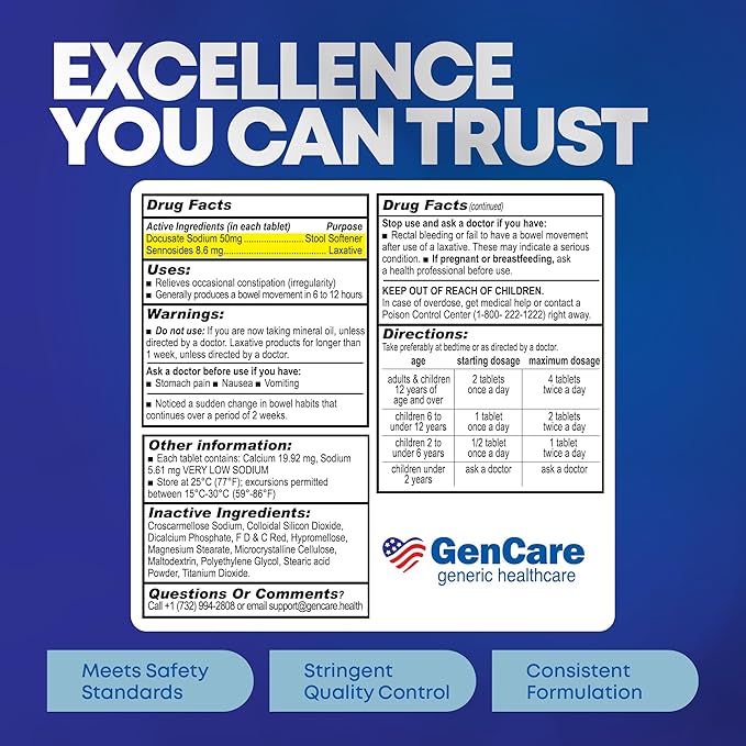 GenCare - Senna-S Natural Vegetable Laxative Plus Stool Softener Dual Action (200 Tablets) Value Pack | Gentle Dependable Overnight Relief of Occasional Constipation Generic for Senokot-S