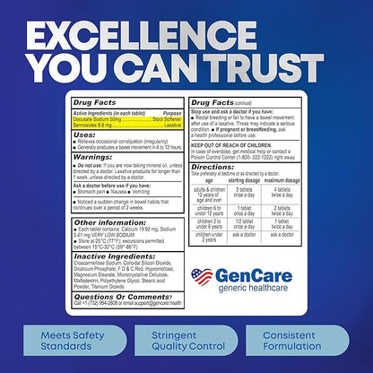 GenCare - Senna-S Natural Vegetable Laxative Plus Stool Softener Dual Action (200 Tablets) Value Pack | Gentle Dependable Overnight Relief of Occasional Constipation Generic for Senokot-S