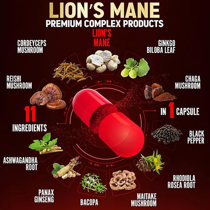 Zolotus 2 Packs 90 Capsules Lions Mane Mushroom Supplement, 6 Month Supply with Cordeyceps, Reishi, Ashwagandha, Focus, Memory and Brain Support Supplement, Immune Support, Energy Pills