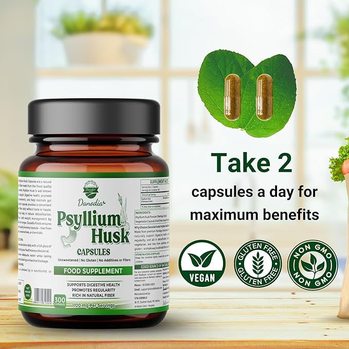 Danodia Foods Psyllium Husk Capsules – 300 Count | Veg Capsules | No additives or Filers | Gluten-Free, Non-GMO | Natural Fiber Supplement | No Artificial Colors or Preservatives