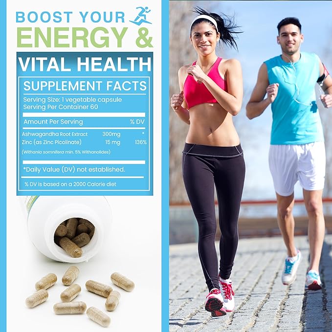 Ashwagandha & Zinc Picolinate Supplement - 300mg Ashwagandha Root Extract & 15mg Zinc per Capsule - 60 Capsules