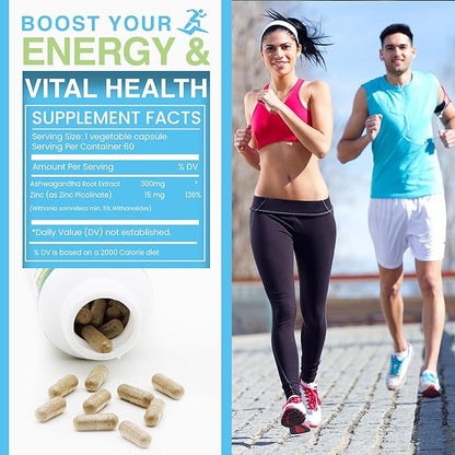 Ashwagandha & Zinc Picolinate Supplement - 300mg Ashwagandha Root Extract & 15mg Zinc per Capsule - 60 Capsules