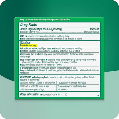 Dulcolax Stimulant Laxative Medicated Suppositories, Predictable & Effective Constipation Relief, Bisacodyl 10 mg, 4 Count