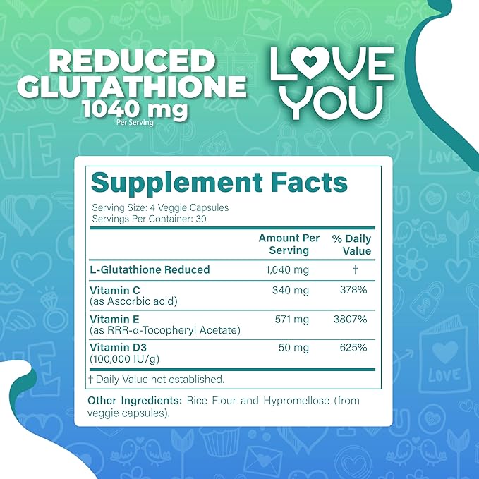 Love You Reduced Glutathione 98% Purity 1040 mg + Vitamin C, E & D3 1804 mg Total per Serving | Intracellular Antioxidant | Supports Detoxification & Immune Function | 120 Veggie Caps | 30 Servings