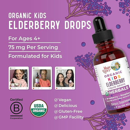 MaryRuth Organics USDA Organic Elderberry Liquid Drops for Kids | Vegan Elderberry Extract Organic Glycerin | Immune Support Supplement | Overall Health | Formulated for Ages 4-13 | 1oz
