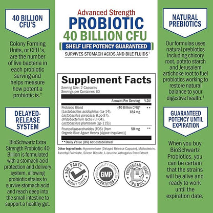 Daily Probiotic Supplement 40 Billion CFU - Gut Health Complex with Astragalus and Lactobacillus Acidophilus Probiotic for Women and Men - Shelf Stable, with Prebiotics for Digestive Health 120 ct