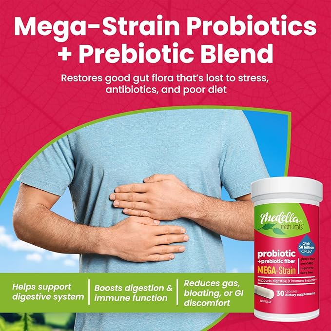 Mega-Strain 50 Billion CFU Probiotics + Prebiotics 30 Caps Probiotics for Women & Men - Maintain Good Flora Probiotic & Digestive Health - No Refrigeration Required Probiotics Lactobacillus Rhamnosus