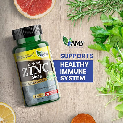 America Medic & Science Chelated Zinc 50 mg Supplements (2 Pack of 60 Tablets) Immune Booster and Powerful Antioxidant Pills for Adults Men and Women | Highly Absorbable Mineral, Improves Mood & Sleep