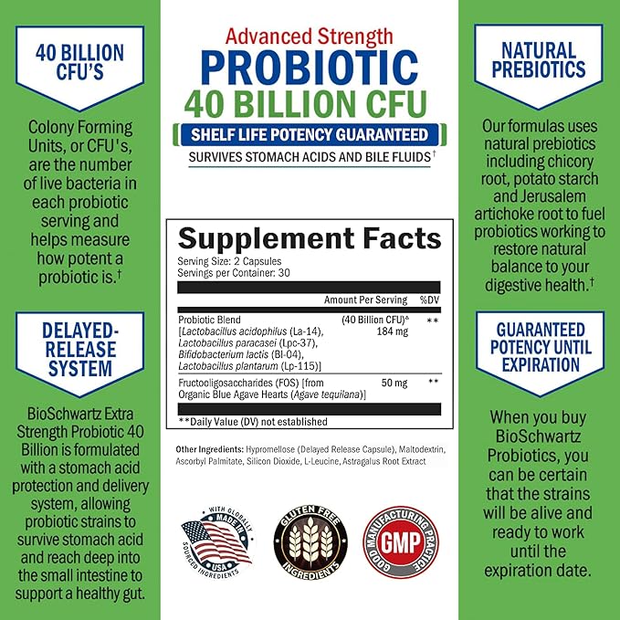 Daily Probiotic Supplement with 40 Billion CFU - Gut Health Complex with Astragalus and Lactobacillus Acidophilus Probiotic for Women and Men - Shelf Stable with Prebiotics for Digestive Health