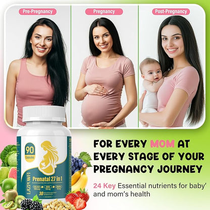 Prenatal Vitamins for Women multivitamin with Folic Acid DHA Choline for Pregnant and Breastfeeding Women Niacinamide Biotin and Minerals 27 in 1 Needed Supplement 90 Capsules-30 Servings-Yellow