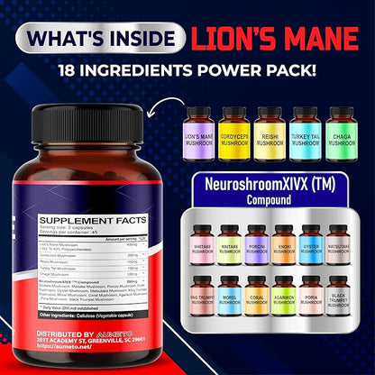 Lions Mane Supplement Capsules 40% Polysaccharides with Cordyceps, Reishi, Turkey Tail, Chaga Mushroom Complex - Caffeine-Free 18 in 1 Brain Supplement for Memory and Focus