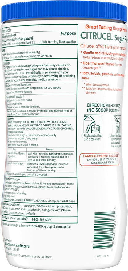 Citrucel Sugar Free Fiber Powder for Occasional Constipation Relief, Methylcellulose Fiber Powder, Orange Flavor - 16.9 Ounces