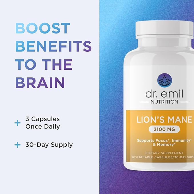 DR. EMIL NUTRITION 2100mg Organic Lions Mane Supplement Capsules - Focus, Mental Clarity & Cognition - Nootropic Lion's Mane Mushroom Supplement with Organic Lions Mane