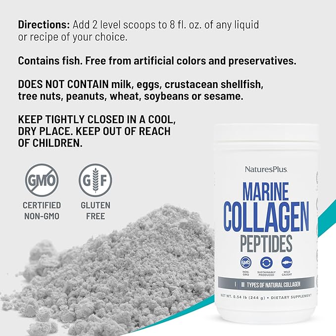 Natures Plus Marine Collagen Peptides, Unflavored - 0.54 lb - Hair, Skin, Nail & Joint Health, Immune System Support - Gluten Free, Non-GMO - 20 Servings