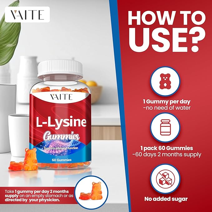 L-Lysine 1000mg Gummies - Supports Skin, Lip, Vegan, Gluten Free, 60 Chewable Lysine for Adults, Vitamins Tissue Health & Immune System, Amino Acid Vitamin Supplement & Complex Supplements (2 Pack)