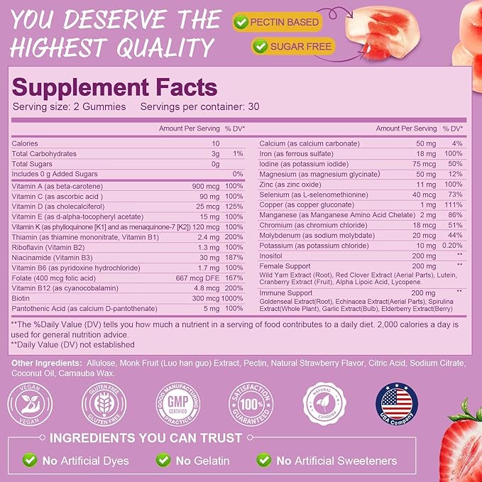 Sugar Free Multivitamin Gummies for Women 14+ w/Inositol, Iron, Folate, Biotin, Womens Daily Multivitamin Gummy w/Vitamin A, D, C, B, Support Hair, Skin, Energy, Immune, Strawberry Flavor