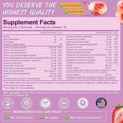 Sugar Free Multivitamin Gummies for Women 14+ w/Inositol, Iron, Folate, Biotin, Womens Daily Multivitamin Gummy w/Vitamin A, D, C, B, Support Hair, Skin, Energy, Immune, Strawberry Flavor