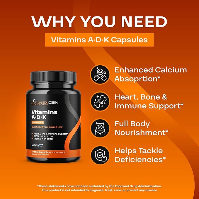 High Absorption ADK Vitamin Supplement - Vegan Vitamin D3 K2 MK7 & A for Calcium Regulation plus Bone Heart Thyroid & Immune Support - Vitamin ADK with 5000IU D3 Non GMO & Gluten Free (1 Months)