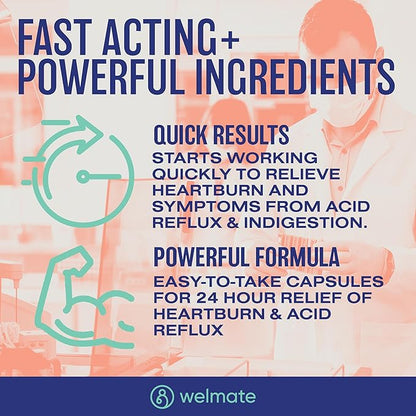 WELMATE - Esomeprazole Magnesium 20 mg - Heartburn Medicine - Acid Reducer - Delayed Release Heartburn Relief - 24hr Protection - for Men & Women - 42 Capsules - 1 Pack