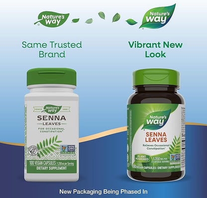 Nature's Way Senna Leaves, Relieves Occasional Constipation*, 1,350 mg per 3-Capsule Serving, Non-GMO Project Verified, 100 Capsules (Packaging May Vary)