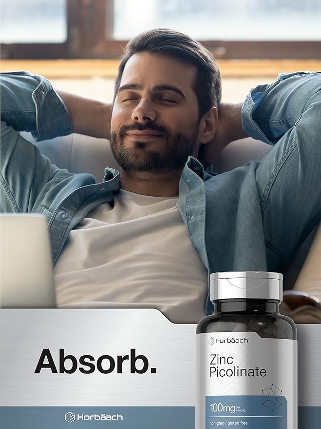 Horbäach Zinc Picolinate 100mg | 180 Capsules | High Potency | Non-GMO, Gluten Free | Zinc Supplement