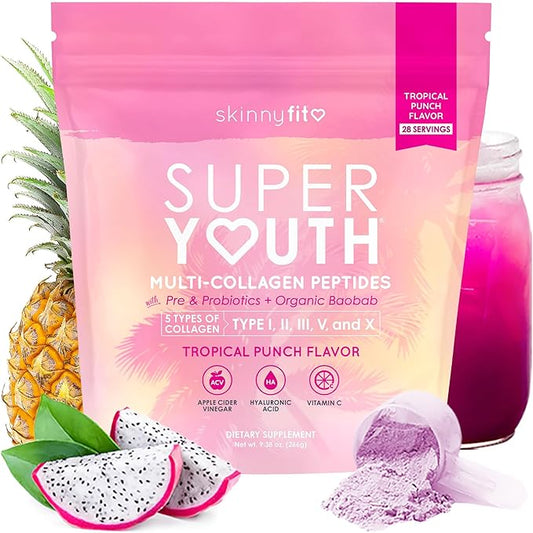 SkinnyFit - Super Youth, Tropical Punch (30 Servings) - Multi Collagen Peptides Powder - Probiotics, Fiber, Hyaluronic Acid - Collagen for Women - Non GMO, Gluten Free, Sugar Free - Beauty & Self Care