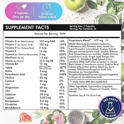 Nootropic Brain Supplements for Memory, Focus & Clarity - Advanced Brain Booster Capsules for Men & Women with Choline, DMAE, Phosphatidylserine and Bacopa (60Ct 2pack)