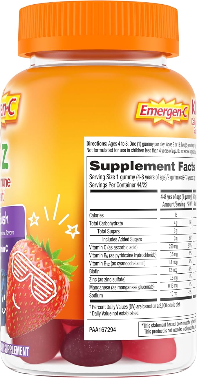 Emergen-C Kidz Daily Immune Support Dietary Supplements, Flavored Gummies with Vitamin C and B Vitamins for Immune Support, Berry Bash - 44 Count