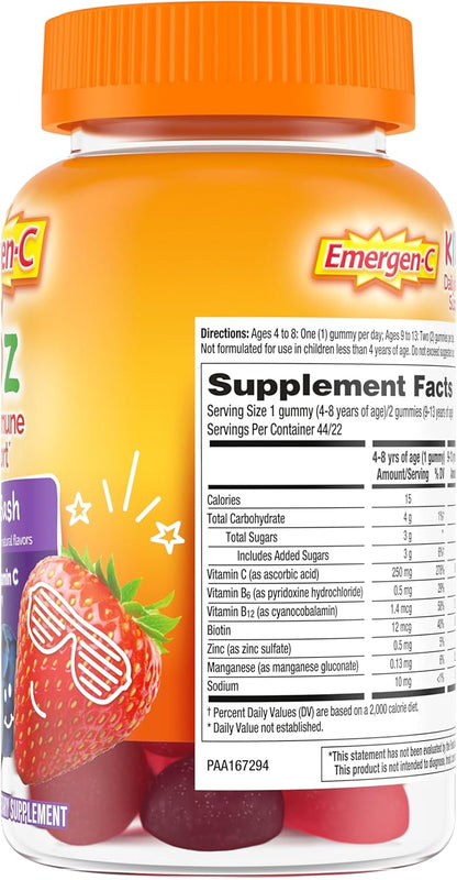 Emergen-C Kidz Daily Immune Support Dietary Supplements, Flavored Gummies with Vitamin C and B Vitamins for Immune Support, Berry Bash - 44 Count