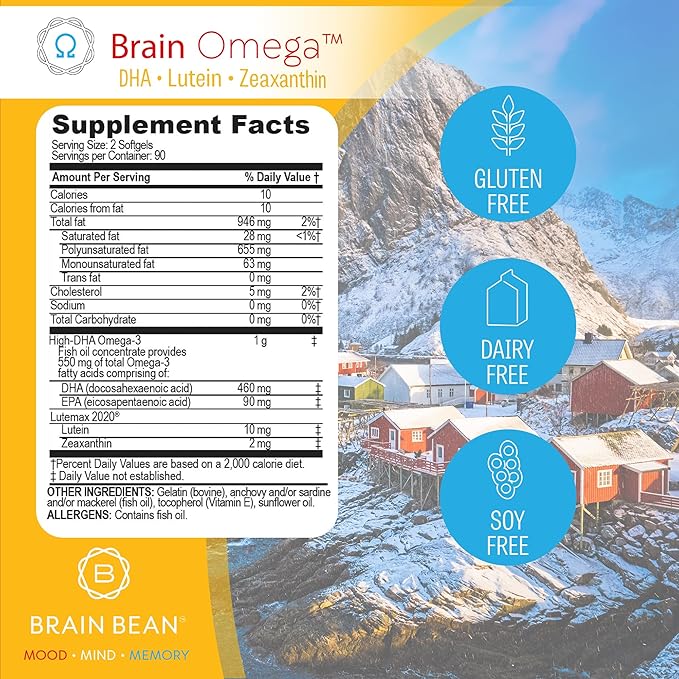 Brain Omega with Lutein and Zeaxanthin – Omega 3 Supplement for Brain, Heart & Eye Health – 460 mg DHA, 90 mg EPA, Lutein and Zeaxanthin Supplements – 180 Softgels (90 Servings)