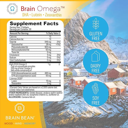 Brain Omega with Lutein and Zeaxanthin – Omega 3 Supplement for Brain, Heart & Eye Health – 460 mg DHA, 90 mg EPA, Lutein and Zeaxanthin Supplements – 180 Softgels (90 Servings)