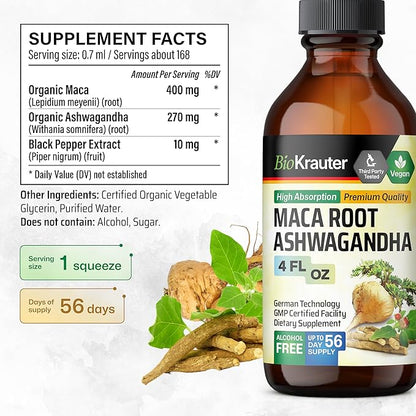 BIO KRAUTER Maca Root and Ashwagandha Tincture - Maca & Ashwagandha Supplements for Men & Women - Adaptogenic Liquid Supplement for Mood Support - Alcohol and Sugar Free Vegan Drops 4 Fl.Oz.