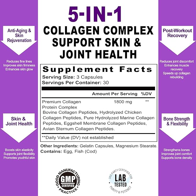 Premium Collagen Complex for Women - 1800mg Multi Collagen Types I, II, III, V, X, Non-GMO & Sugar Free, 90 Capsules (30 Day Supply) - Support Skin Elasticity & Joint Care