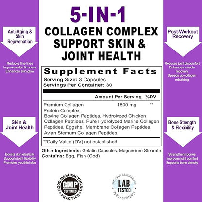 Premium Collagen Complex for Women - 1800mg Multi Collagen Types I, II, III, V, X, Non-GMO & Sugar Free, 90 Capsules (30 Day Supply) - Support Skin Elasticity & Joint Care