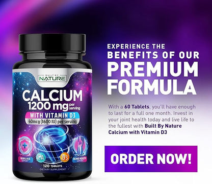 Calcium 1200mg with Vitamin D3 for Best Absorption - Advanced Bone Support Supplement, 1200 mg Calcium Carbonate & 1600 IU Vitamin D3, Slow Release for Immune Support, Easy to Swallow, 60 Tablets