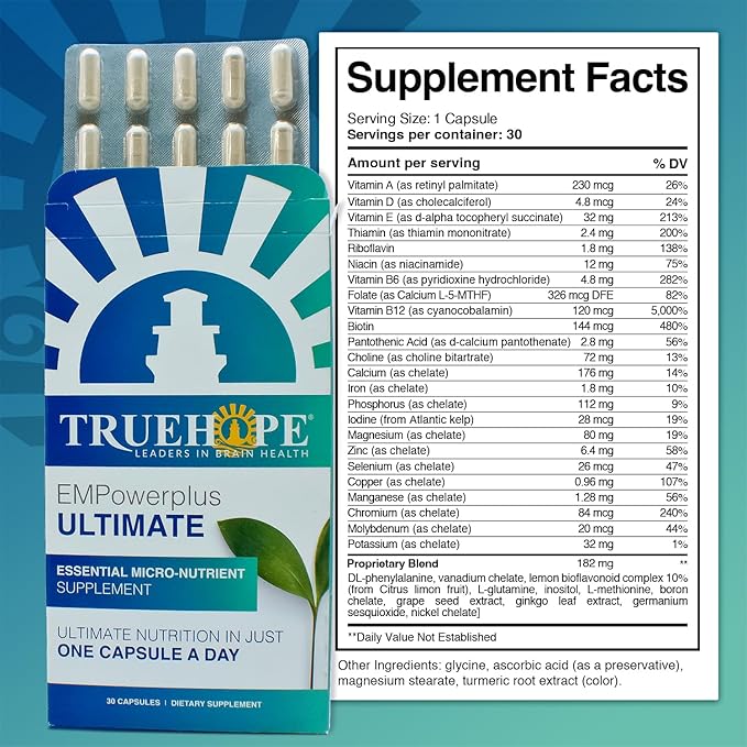 Truehope EMPowerplus Ultimate Capsules - Once-a-Day Brain, Energy and Focus Supplement - Ultra-High Concentration and World-Class Absorption - 30 Capsules