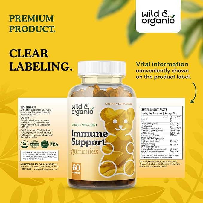 Wild & Organic Immune Support Gummies - Elderberry 1000mg & Vitamin C 500mg - Natural Immune Support Supplement - Vegan Immunity Gummies with Vitamin C D Zinc - 60 Count