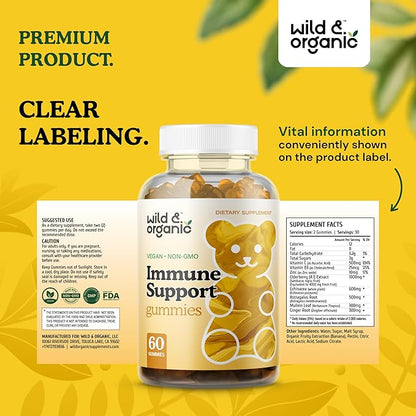 Wild & Organic Immune Support Gummies - Elderberry 1000mg & Vitamin C 500mg - Natural Immune Support Supplement - Vegan Immunity Gummies with Vitamin C D Zinc - 60 Count