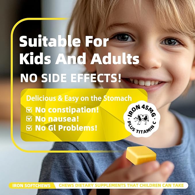 Iron Soft Chews Supplement with Vitamin C | Pineapple Flavored | Gluten Free | Iron Supplement for Women Men and Kids | 60 Count | 2 Month Supply