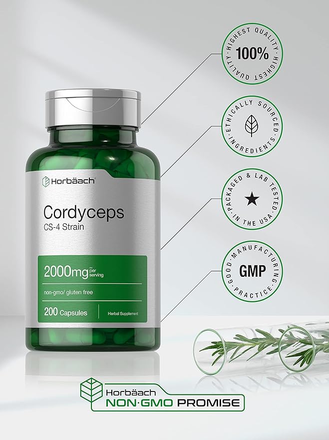 Horbäach Cordyceps Mushroom Capsules 2000mg | 200 Count | CS-4 Strain Cordyceps Sinesis | Non-GMO Herbal Supplement