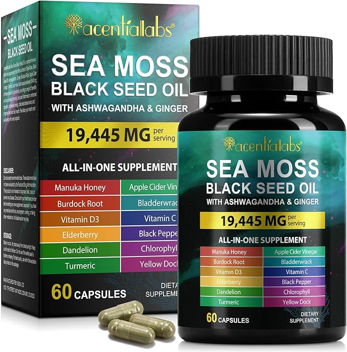 Sea Moss Black Seed Oil Ashwagandha Ginger, Sea Moss Capsule Supplement with Turmeric Burdock Root Bladderwrack Vitamin C Vitamin D3 Enhanced Immunity & Energy Sea Moss Black Seed Oil Capsule 60 Count