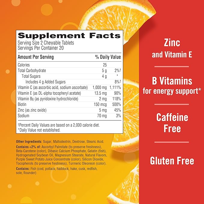Emergen-C Chewable Vitamin C 1000mg, With B Vitamins And Antioxidants Tablet (40 Count, Orange Blast Flavor), Dietary Supplement