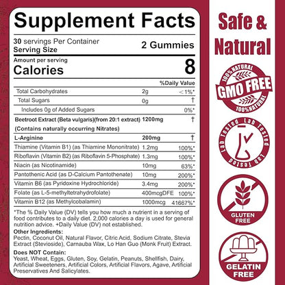 Beet Root Gummies & L-Arginine 1400mg (Made in USA), Sugar Free Nitric Oxide Supplement for Men & Women w/ B1, B2, B3, B5, B6, Folate, B12 for Energy Boost, Blood Flow & Circulation Support, 60 Cts