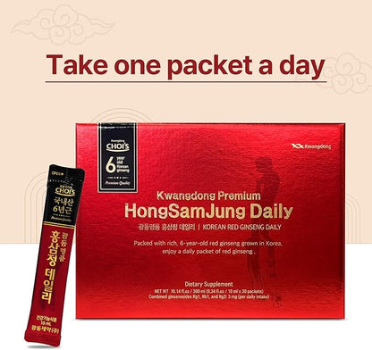 Premium Korean Red Ginseng Extract - 6-Year Grown, High Ginsenoside Concentration for Immune Support, Fatigue Relief, and Energy Boost - 30 Convenient Daily Packs