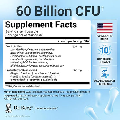 Dr. Berg Probiotic Supplement (60 Billion CFUs) - Helps Ease Occasional Constipation, Diarrhea, Gas & Bloating* - Pre and Probiotics for Digestive Health - 30 Probiotic Capsules