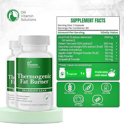 DR VITAMIN SOLUTIONS Thermogenic Fat Burner for Women and Men - Appetite Suppressant for Weight Loss - Includes Green Tea Extracts for Bloat Relief - Metabolism Booster - Pack of 2