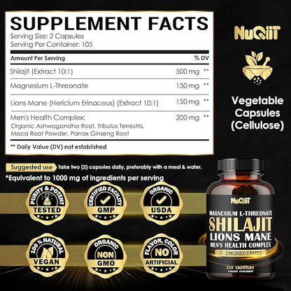 210 Capsules - Magnesium with Lions Mane, Shilajit Capsules, and Male's Health Complex as Ashwagandha, Maca Root & More - Support Immune, Brain Health, and Energy Production