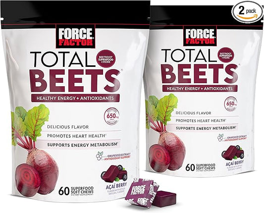 Force Factor Total Beets Soft Chews with Beetroot, Nitrates, L-Citrulline, Grapeseed Extract, & Antioxidants, Healthy Energy Supplement with Elite Ingredients for Heart, Superfood, 120 Count, 2-Pack