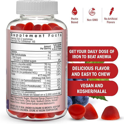 Iron Gummies: New Formula 20 mg Iron per Serving Plus Vitamin C, Zinc, B Complex. Iron Gummies for Women and Men. Anemia Supplement for Fatigue, Prenatal Pregnancy- Vegan, Kosher- 90 Ct