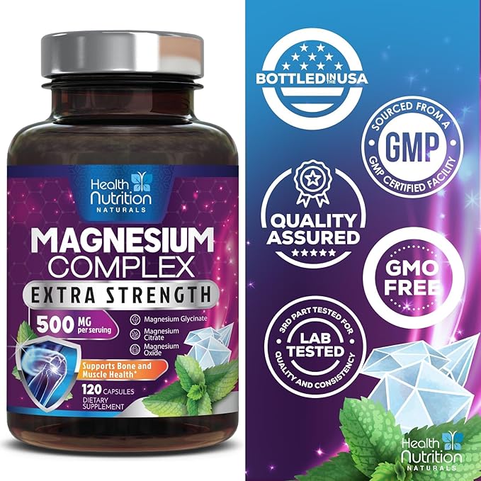 Magnesium Supplement Citrate Capsules 500mg with Glycinate, Oxide, Malate, Citrate - for Muscle, Nerve, Bone and Heart Health Support - High Absorption Glycinate Complex, Gluten Free - 120 Capsules